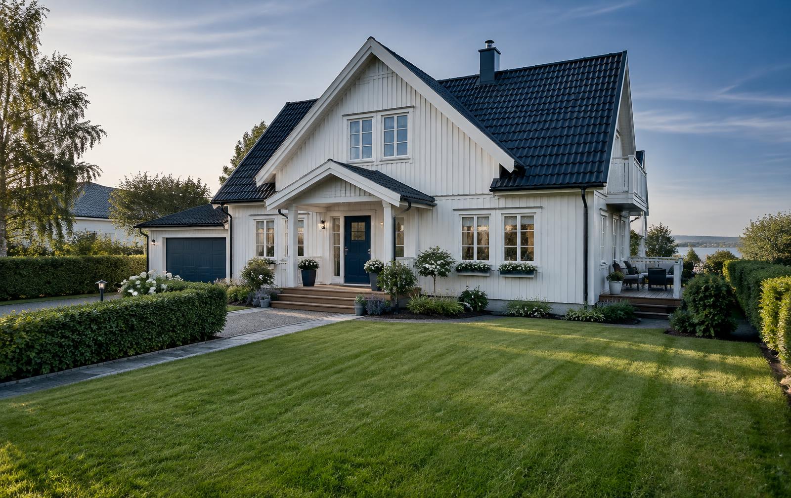 Välskött villa med nyklippt gräsmatta och trimmade häckar